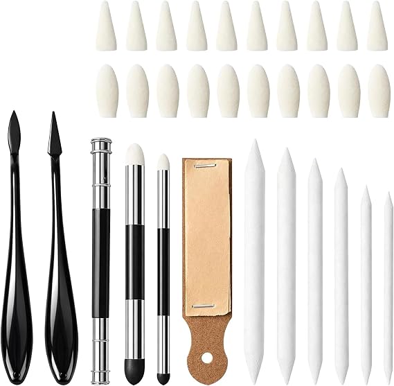 32PCS Blending Stump and Tortillon Set, Professional Art Blending Tools with Sponge Pens & Sandpaper Sharpener, Washable & Reusable for Charcoal, Graphite Sketching by Artists and Students