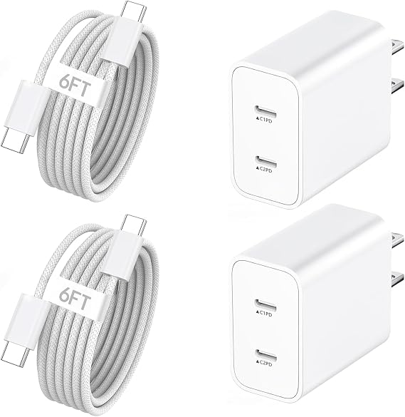 iPhone 17e Charger Fast Charging,2-Pack 6FT 2in1 Dual USB C PD Charger Block Type C to C Woven Charger Cable for iPhone 17 Pro Max/17 Pro/Air/16 Pro Max/16 Plus/16e/15 Pro/15 Plus,iPad Pro/Air/Mini