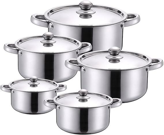 10-Piece Stainless Steel Casserole Cookware Set,Kitchen Cookware Pan Set,5 Saucepans with 5 Lids,2 Ear Handle,Fast Heating, Soup Pot for Cooking Boiling Stewing, All Hobs & Induction