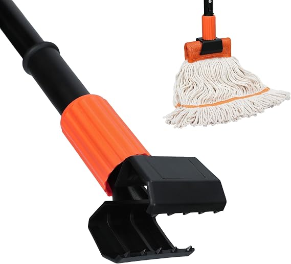 KalTell (1PK) Commercial Mop Handle Heavy Duty with Jaw Clamp Industrial Steel Mop Stick with 58 Long Handle Wet Mop Handle Gripper-Savety Orange