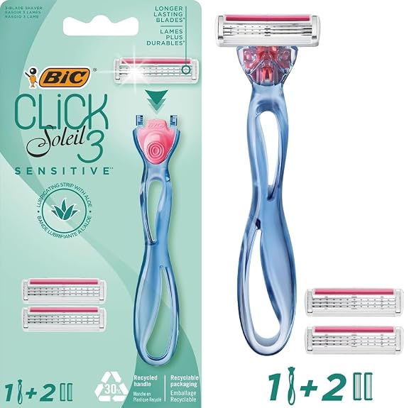 BIC Soleil Click Sensitive 1 Gövde & 2 Başlık Kadın Tıraş Bıçağı (3 Bıçak), Oynar Başlıklı, Aloe Vera ile Zenginleştirilmiş Kayganlaştırıcı Jel Şerit