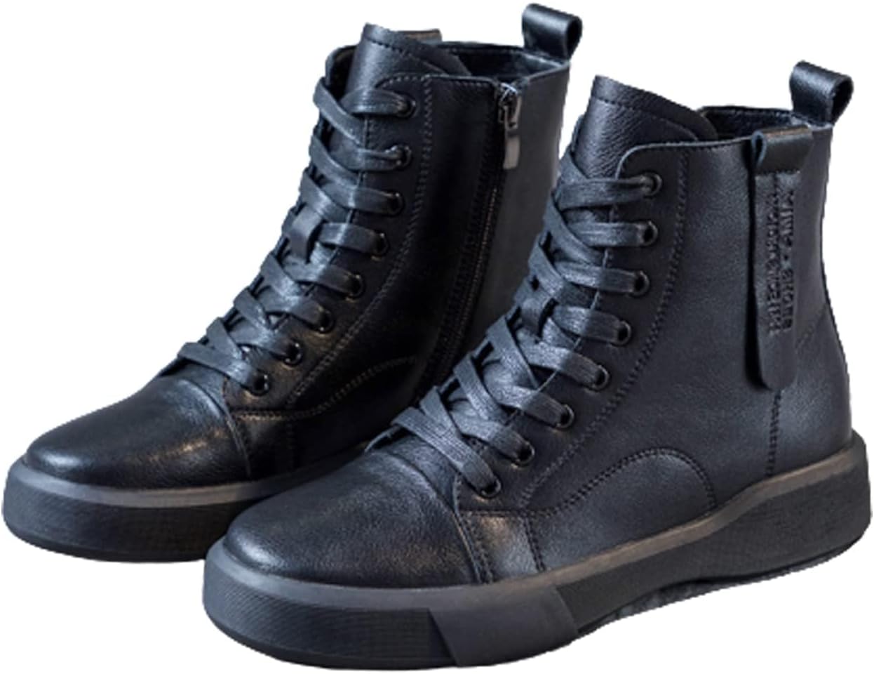 Womens Ankle Boots Plush Warm Boots,Waterproof PU Leather Thick Bottom Side Zipper Lace Up Snow Booties Blackplush,4.5,4.5