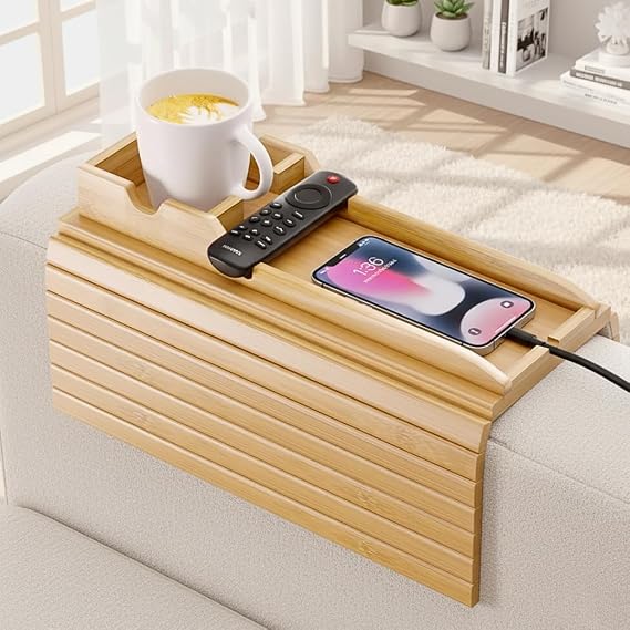 Bamboo Couch Armrest Table, Sofa Arm Tray with Detachable Couch Cup Holder - 2 in 1 Anti-Slip Foldable Sofa Armchair Caddy Table - Cup Holder for Drinks Cellphone TV Remote Snacks