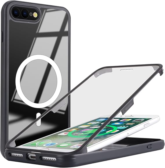 for iPhone 8 Plus/ 7 Plus Case with Screen Protector, Black | Compatible with Magsafe, for iPhone 7 Plus Case Built in Screen Protector, Slim Protective Shockproof Phone Cover