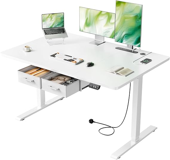 120x80cm Electric Standing Desk, 2 Drawers, Power Outlet | Height Adjustable Sit Stand Desk, 72-117 cm, 2 Memory Smart Pannel, Equipped with 3 USB Ports, Ideal for Home Office, White
