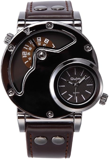 OULM Brand HP9591 Men Watches Stainless Steel Case Big Face Dual Time Zones Leather Strap Quartz-Watch Men's Watches Nice Gift