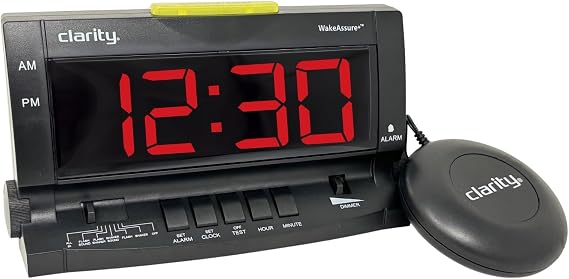 Clarity Wake Assure+ Desktop Alarm Clock with Vibrating Bed Shaker for Heavy Sleepers, Deaf, Hard of Hearing | Adjustable Volume from Silent to Extra Loud | Digital Bedroom Clock with Large Display
