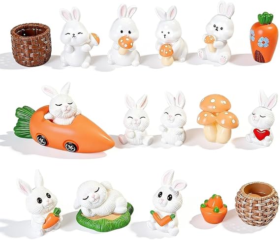 18Pcs Mini Easter Resin Bunny Kit Cute Easter Resin Rabbits Carrot Ornaments Little Small Miniature Animals Figurines for Micro Landscape Dollhouse Fairy Garden