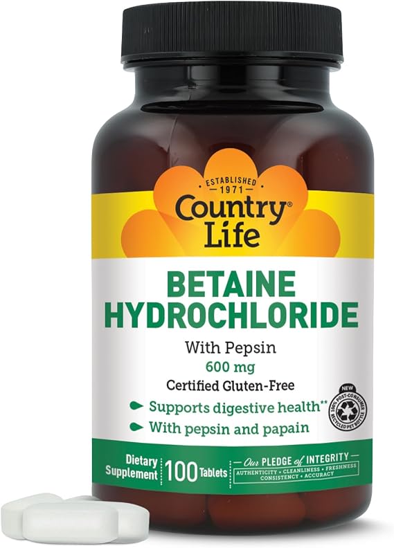 Country Life Betaine Hydrochloride with Pepsin, 600mg, 100 Tablets, Certified Gluten Free | Supports digestive health with pepsin enzyme blend; free from wheat, soy, yeast and preservatives