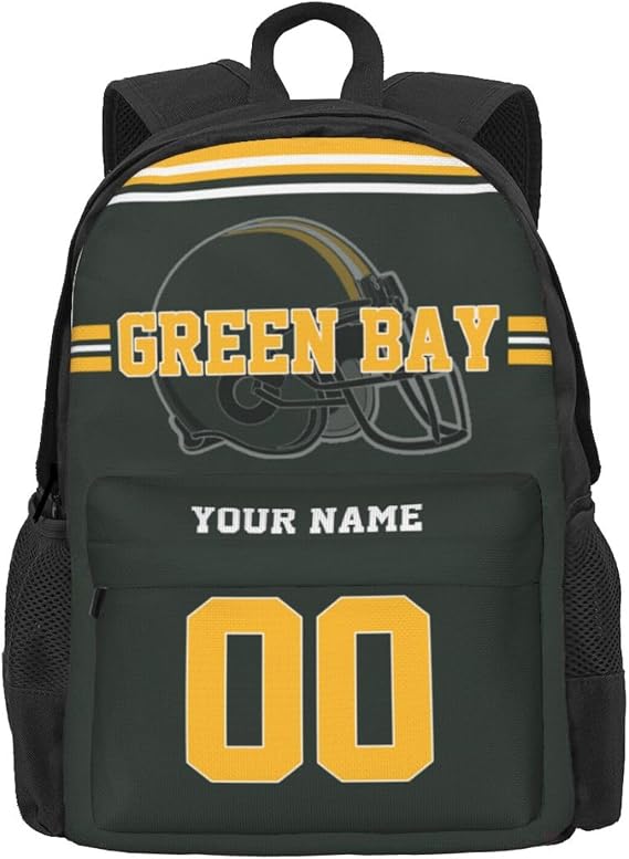 Custom Green Bay Backpack for Mens Womens, Personalized Backpacks with Name and Number, Customized Casual Sports Backpack Gifts for Fans