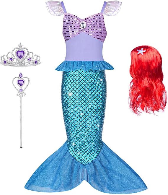 AOOWU Meerjungfrau Kostüm Mädchen Set Meerjungfrau Kleid Mädchen mit Perücke Lila Krone und Zepter Kostüm Kinder für Karneval Party Halloween Weihnachten Cosplay