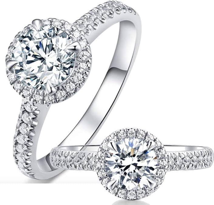 IceSword 14k White Gold Plated Sterling Silver CZ Ring Simulated 1.3 Carat Diamond Ring, Engagement Ring Promise Rings for her, Love Yourself Ring Not Moissanite Ring Womens Rings Size Halo