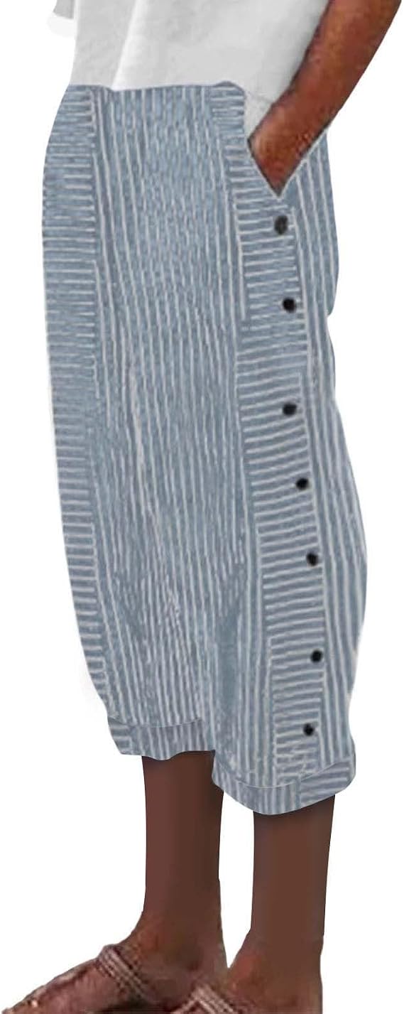 Wide Leg Linen Pants for Women Casual Side Button Striped Plus Size Straight Leg Yoga Cropped Trouser with Pockets