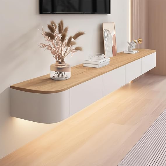 Fully-Assembled 79" Floating TV Stand Wall Mounted Pine Wood&White