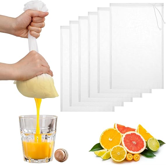 6 Pack Nut Bag Strainer 7.87 5.9 Inch Nut Milk Bag Reusable Nylon Mesh Bags 200 Mesh Fine Meshes Drawstring Bags for Straining Fruit Juice Coffee Tea Yogurt Cheese Coffee Almond