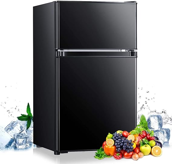 Mini Fridge with Freezer, 3.2 Cu.Ft Mini Refrigerator, 2 Door, 37DB Low Noise, Engery Saving with LED Light, Low-frost Mini Fridge for Bedroom, Office, Dorm, RV, Apartment, Black- MPBFD321