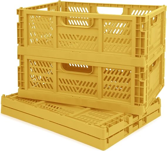 4 Pack Stackable Plastic Storage Crates, Folding Bins 16x12x6 Yellow