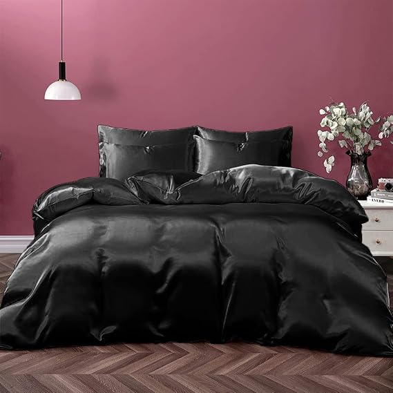 Silk Satin Comforter | Box Stitched | 300 GSM | Down Alternative Comforter | Silky Bed Comforter | Machine Washable | Sexy Quilted Bedding-(King/Cal King Black)