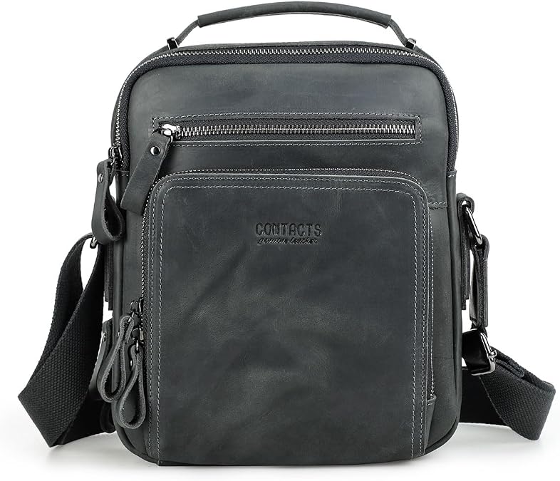 CONTACTS Small Messenger bag for Men Leather Man Purse Business Travel Crossbody Shoulder Bag Handbag Fit up to 9.7" iPad (Grey)