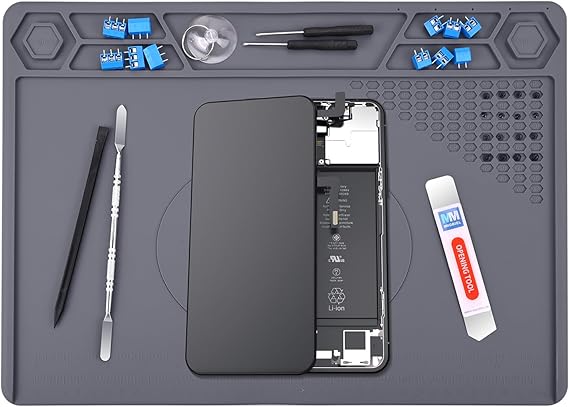 MMOBIEL Silicone Soldering & Repair Mat Heat Resistant up to 932F (500C) Non-Slip Magnetic Workbench Mat for Soldering, Electronics, Computer & DIY Projects (Grey, 16 x 11.5 inch (Magnetic))