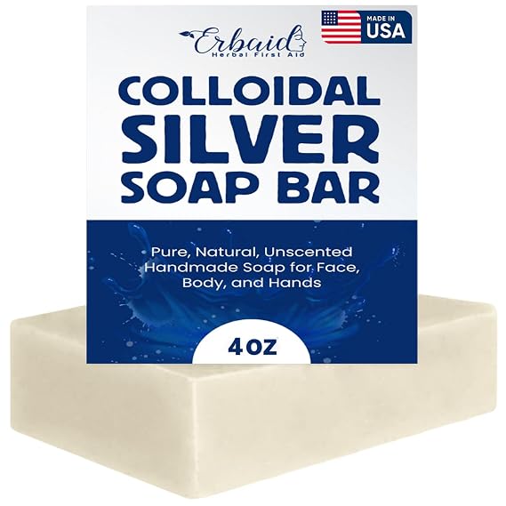 Colloidal Silver Soap Bar, 4oz Unscented Natural Handmade in USA Pure Cleanser for Face, Body & Hands Cleansing, Moisturizing, Soothing Itch Relief Wash for Sensitive Skin, Acne, Hyperpigmentation