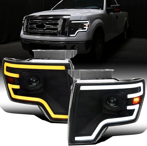 Ronnin - Fits 2009-2014 Ford F150 Pickup Truck Upgraded Halogen Projector Headlights LED Switchback Sequential Turn Signals + Animated Startup Effect Assembly Pair | Black Smoke