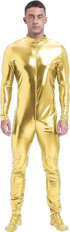easyforever Men's Shiny Metallic Full Body Unitard Jumpsuit Mock Neck Long Sleeve Zentai Bodysuit
