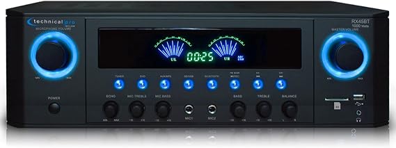 Technical Pro Professional 1000 Watts Receiver with USB SD Card Inputs | 2 Mic Inputs, Recorder, and Wireless Remote