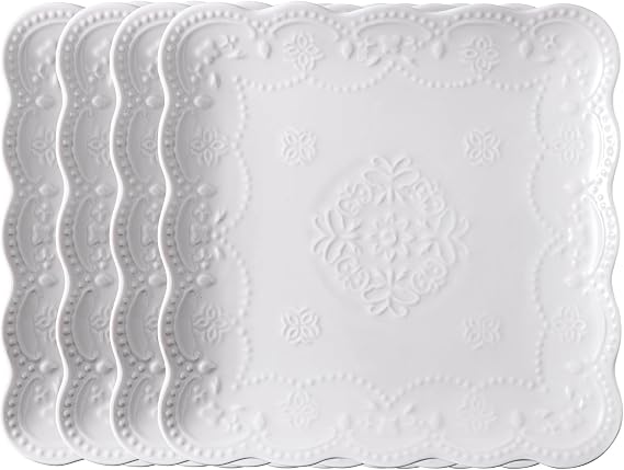 Jusalpha Set of 4-Square Ceramic Plate-Dinner Plate Set, 10 Inches | Embossed Lace Design Ceramic Plate-Dinner Plate Set for Pasta/Salad/Steak