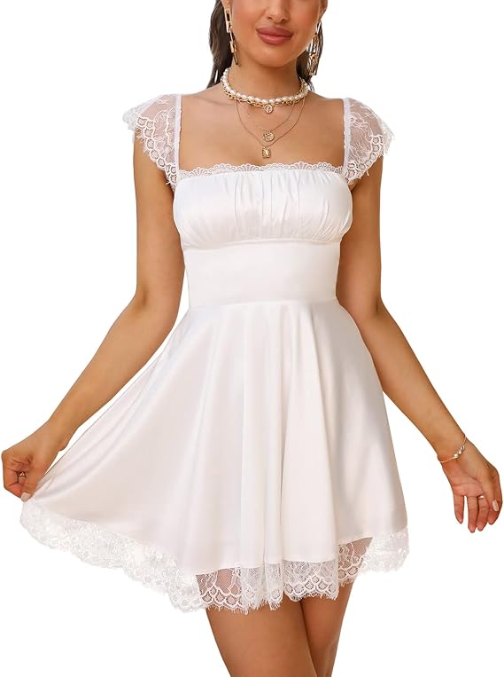 EYNMIN Women's Lace Strap Satin Flowy Homecoming Party Mini Short Dresses | Swing A Line, Lace Up, Square Neck, Cute Dress, Graduation, Date Night, Engagement, Birthday, Cocktail, 2026 Summer