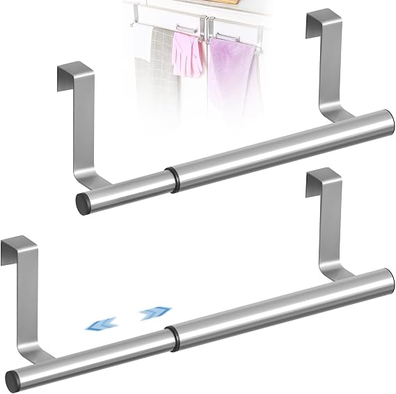2Pcs Extendable Kitchen Tea Towel Holders, Stainless Steel over Door Towel Rail, No Drilling & Anti-Slip Scratch Protecting Silver Cabinet Facecloth Rack for Cupboard Drawer, Bathroom, Bedroom(25cm)