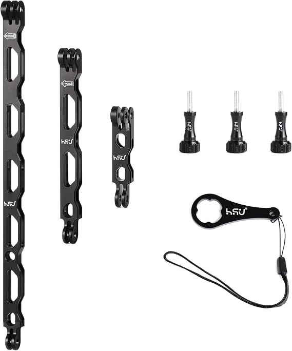 (7 Pcs) HSU All Aluminum Alloy Extension Arm Kit Metal Pole Mount Helmet Stick Extension Arm Mount for GoPro Hero 13/12/11/10/9/8/7/6/5 Black, DJI Osmo Action and More (11.8/6.5/3.3) (Black)