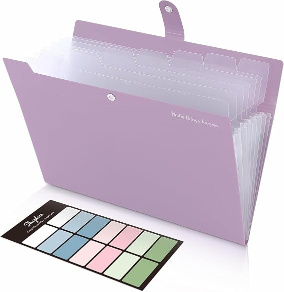 SKYDUE Document Folder A4 Folder with 8 Compartments A4 Expanding Folder with Labels Portable Organiser Folder System Document Folder for Home Office School and Travel (Purple)