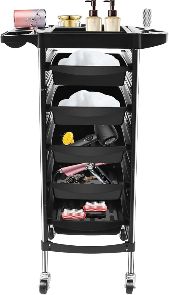 6 Tier Hairdresser Trolley, Beauty Salon Trolley, Hair Spa Rolling Hairdressing Storage Cart Drawers, Hairs Dryer Holder on Wheels, Compartment Trolleys, 52.5*37*90cm, Black, for Beauty Hair Salon Spa