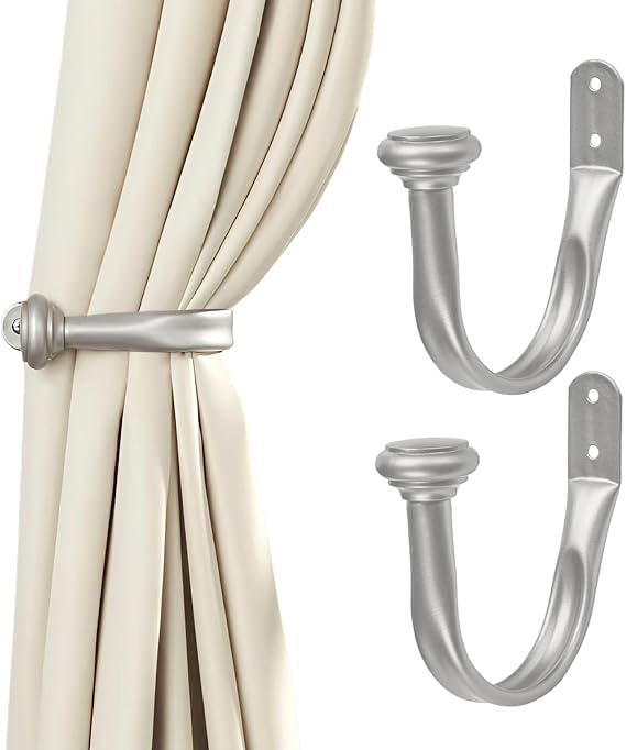 Silver Nickel Curtain Tiebacks - Modern Wall-Mounted Holdbacks, Durable Curtain Hooks for Drapes & Window Treatments, Elegant Curtain Holders for Wall,2 Pack