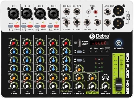 DJ Audio Mixer V8 Interface Mixer with Bluetooth 5.0 USB Phantom Power DJ Mixer for PC Recording with Delayed Replay Effects