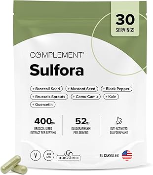 Complement Sulfora Sulforaphane Supplement with Myrosinase - 52mg Glucoraphanin from Broccoli Seeds, Kale & Quercetin - Antioxidant Detox & Immune Support - 60 Capsules, 30 Servings