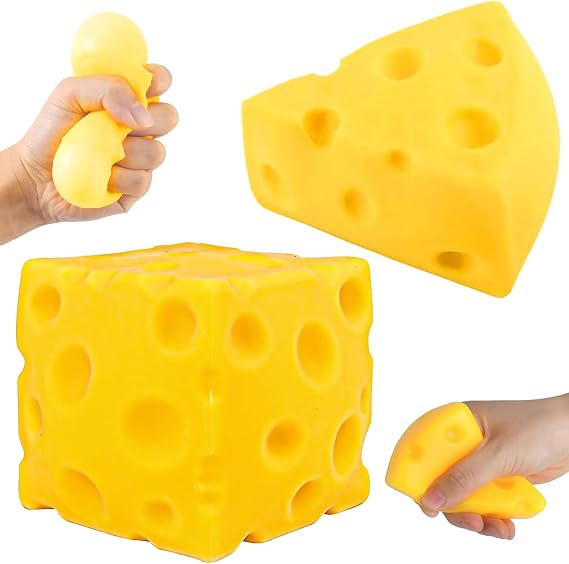 2PCS Cheese Squishy, Big Cheese Squishy for Sensory Stimulation and Focus Assistance, 5cm Cube and 6cm Triangle Shapes for Office Desk Use