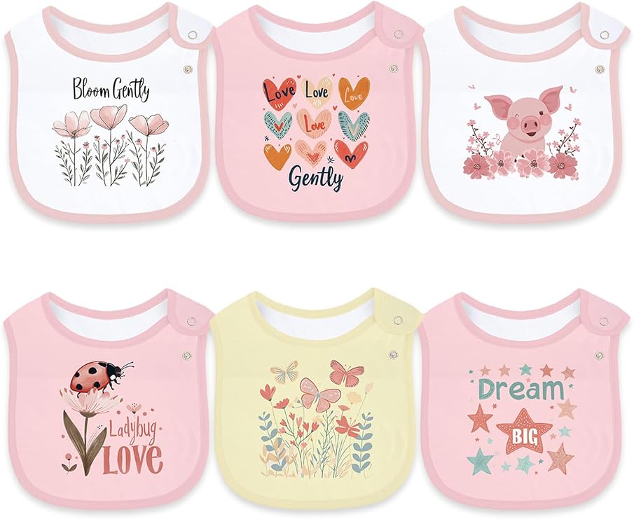 Maiwa 6 Pack Cotton Baby Bibs for Girls Boys with Waterproof layer for Drooling Eating teething with Snaps