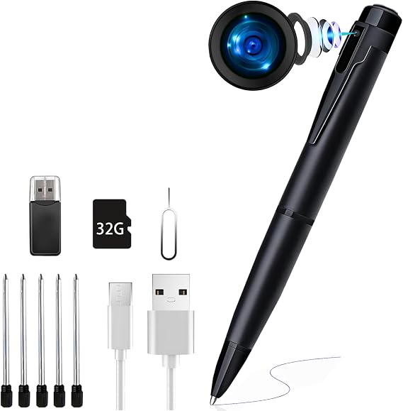 1080P Full HD Portable Pen Camera with One-Click Recording, Body Pen Cam, 32GB SD Card, 2-Hour Battery for Discreet Business Surveillance, Evidence Collection, and Privacy Protection (Carbon Black)