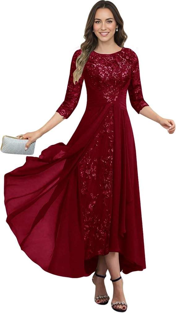 Mother of The Bride Dresses for Women Tea Length Cap Sleeves Sequin Lace Wedding Guest Dress Chiffon Formal Evening Gowns