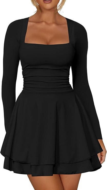 Kaximil Women's Corset Long Sleeve Party Mini Dress | Square Neck Ruffle Hem Ruched Waist Going Out Birthday Short Dresses