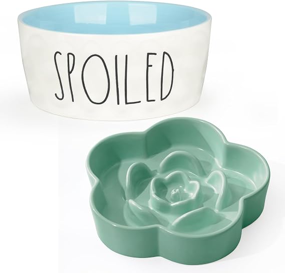 Bundle of 70OZ Blue Ceramic Dog Bowl and 11.3oz Green Ceramic Slow Feeder Dog Bowl, for Medium and Large Breeds, Non-Slip, Dishwasher and Microwave Safe