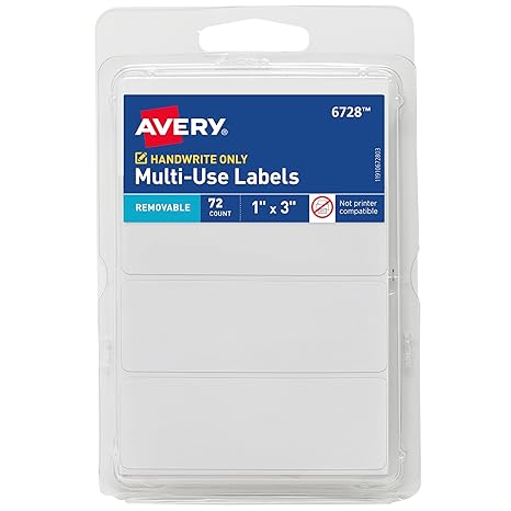 Avery Multi-Use Removable Labels, 1" x 3", White, Non-Printable, 72 Blank Labels Total (6728)