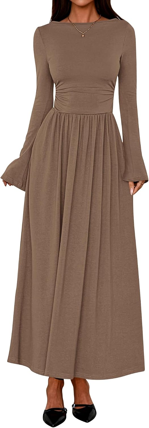 BTFBM Long Sleeve Maxi Dresses for Women 2025 Fall Casual Ruched Boat Neck Flowy Elegant Formal Wedding Guest Dress