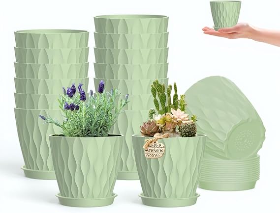16 Pack 4 Inch Plastic Planter Pots with Tray, Heavy Duty Indoor Outdoor Planter Pots with 48 Drainage Holes for Herbs, Succulents, Seedlings, Flowers Durable and Lightweight Light Green