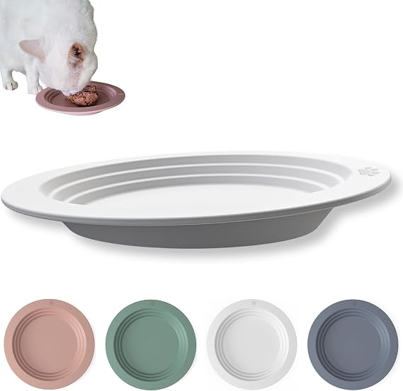 EcoLeo Whisker Friendly Cat Food Dish, Platinum Silicone, LFGB Certified Non-Toxic, CKD, Anti Whisker Fatigue, Low Profile, Shallow, Non Slip, Cat Dog Kitten Feeding Dish_White