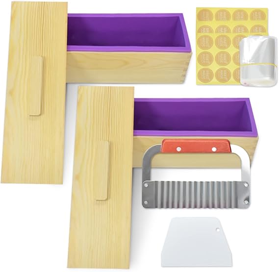 Artcome 42oz Soap Loaf Molds 2 Sets Rectangular Silicone Moulds Wooden Box with Lid, DIY Soap Making Supplies with with Stainless Steel Wavy Scraper and Plastic Straight Cutter
