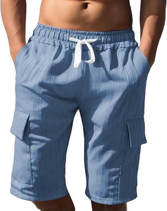Men's Linen Shorts Casual Elastic Waist Drawstring Summer Beach Vacation Yoga Golf Shorts with Pockets