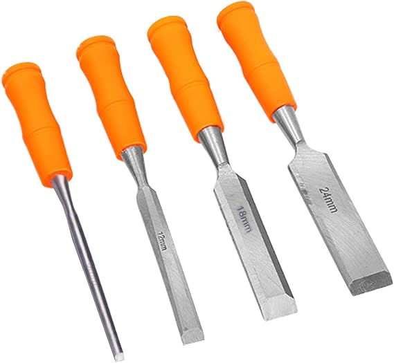 4 Pcs Wood Chisel Sets, Ergonomic Handle Chisels for Woodworking DIY, Bevel Edge Carpentry Tools 6mm, 12mm, 18mm, 24mm